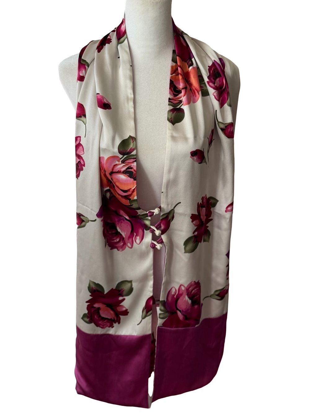 Elegant Fuchsia and Cream Floral Silk Scarf - Women Accessories